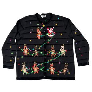 Jack B Quick Ugly Christmas Sweater Cardigan Reindeer Santa Medium Grandmacore
